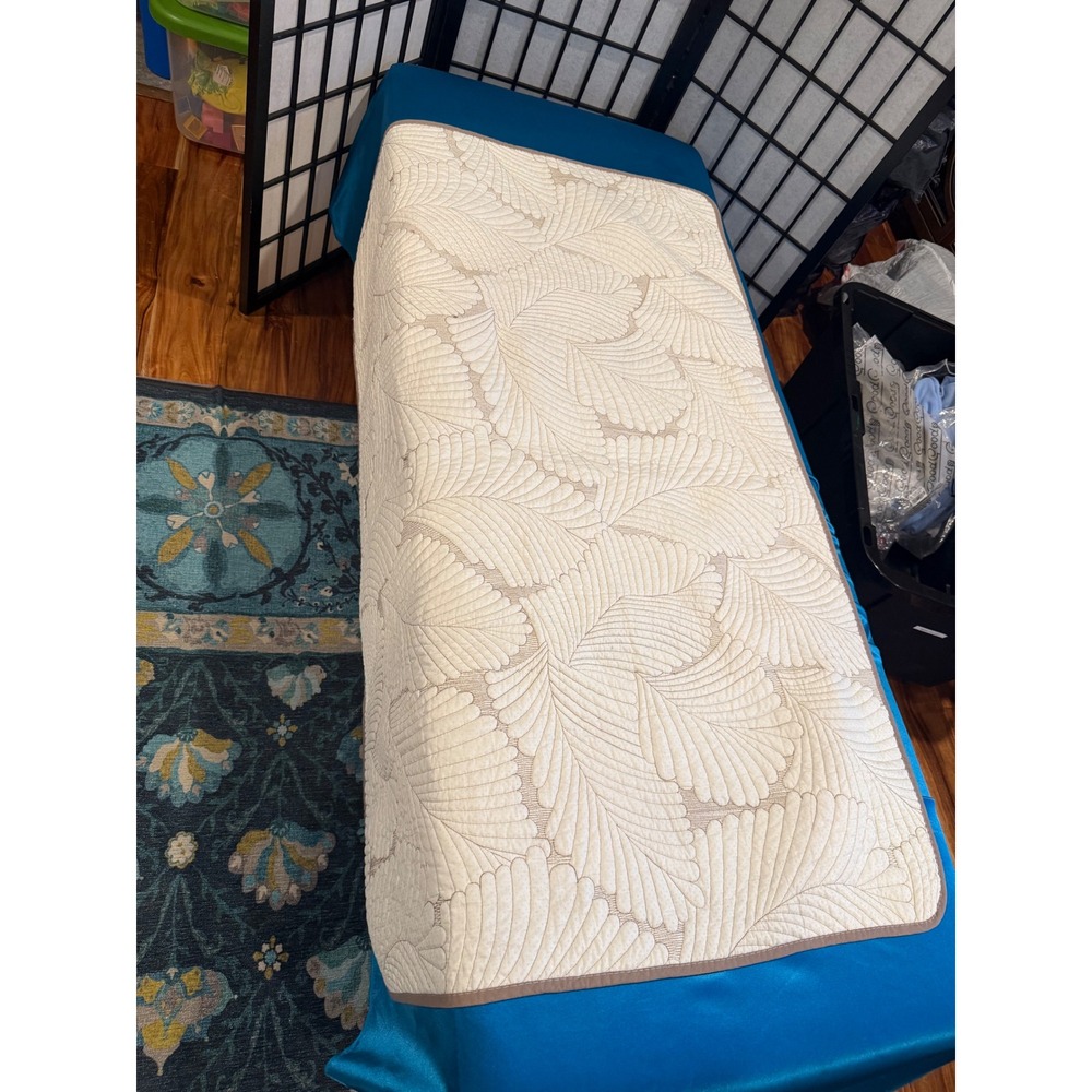 Small Quilted Throw Quilt Cream Taupe Leaf Pattern Non-Slip Grippy Back 37x48"